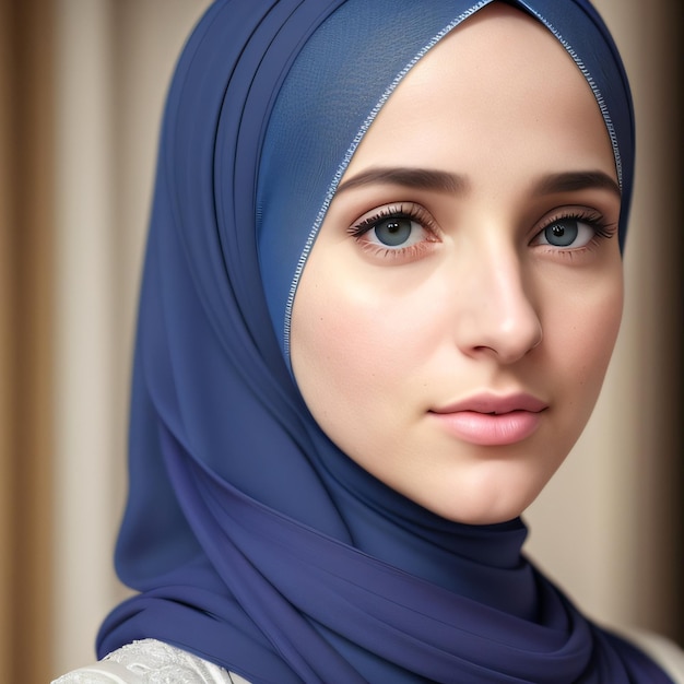 A woman wearing a blue hijab and a blue scarf.