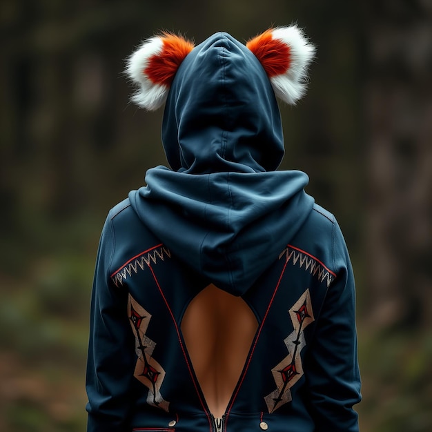 a woman wearing a blue hoodie with the word fox on it