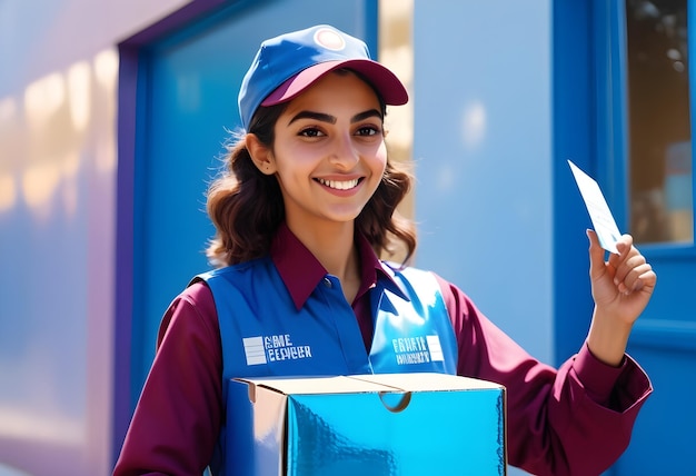 a woman wearing a blue and red jacket holding a box with the word esp on it