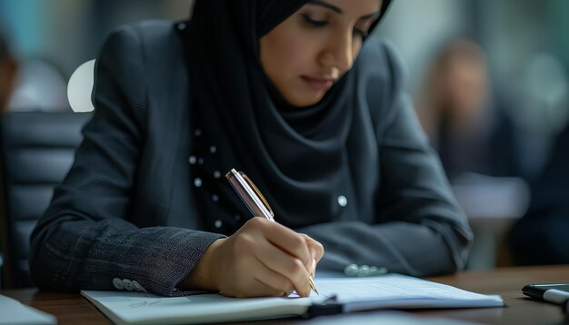 Photo a woman wearing a blue scarf is reading a book