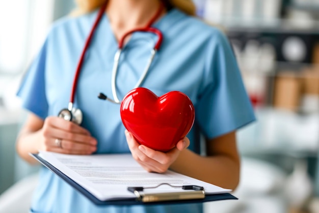 A woman wearing a blue scrubs holding a heart