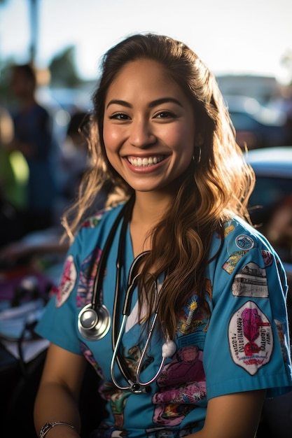 A woman wearing a blue scrubs smiles at the camera.