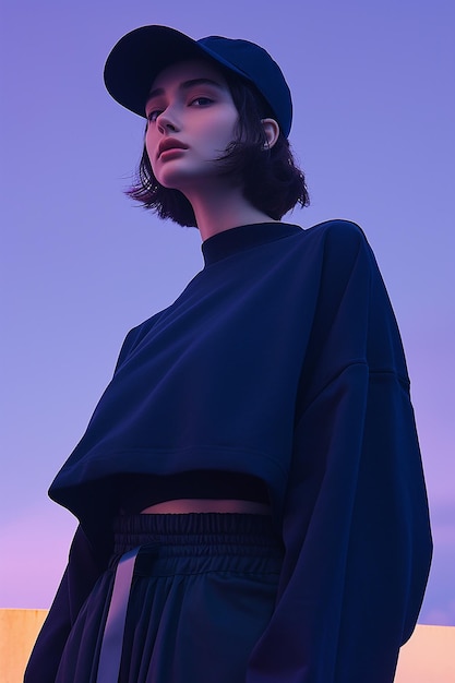 a woman wearing a blue shirt and a black skirt is standing in front of a purple sky