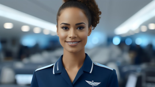 a woman wearing a blue shirt with a logo on the front