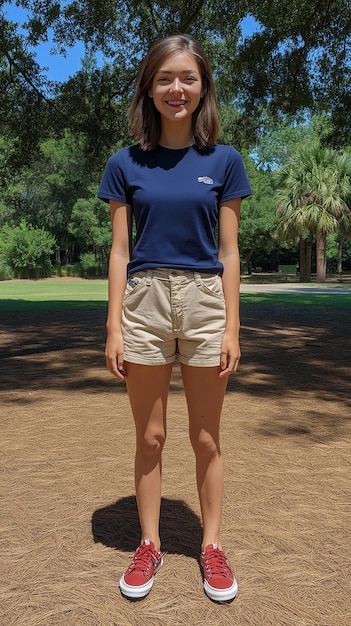 Photo a woman wearing a blue shirt with the word quot on it