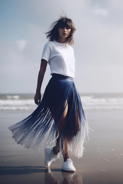 Woman wearing a blue skirt on the beach