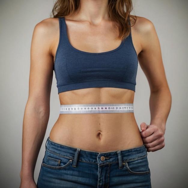 Photo a woman wearing a blue tank top with a tape measure around her waist