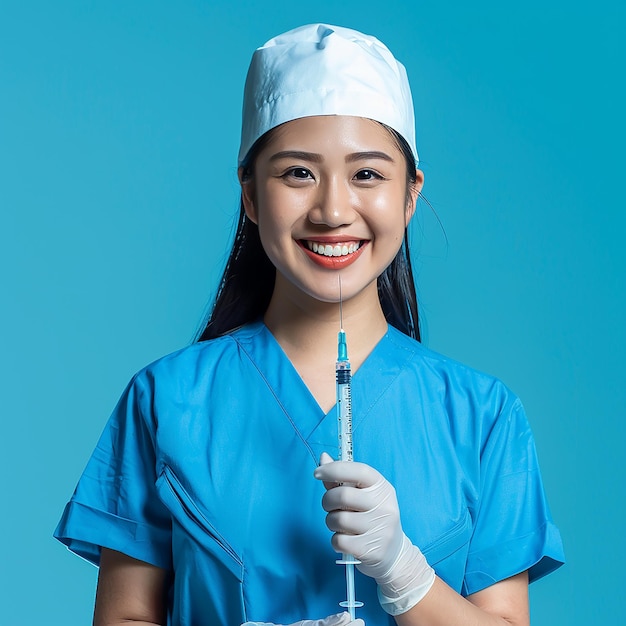 a woman wearing a blue uniform with a toothbrush in her hand