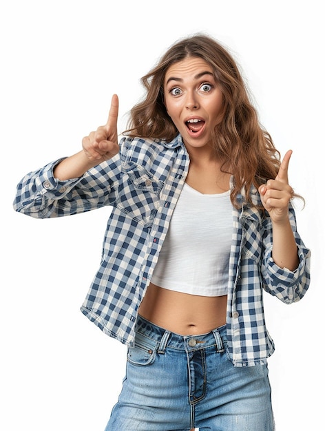 a woman wearing a blue and white plaid shirt is pointing at the camera