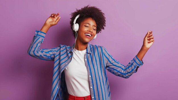 a woman wearing a blue and white striped shirt is listening to music with her headphones