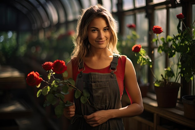 A woman wearing a botanist's apron standing in a greenhouse with a radiant smile