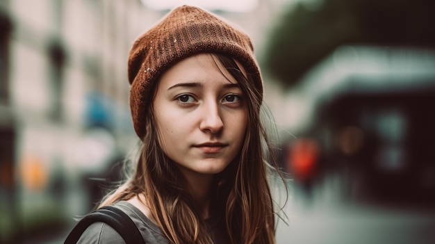 A woman wearing a brown beanie and a brown beanie stands on a street.