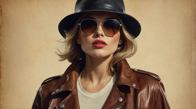 a woman wearing a brown leather jacket and sunglasses is wearing a black hat