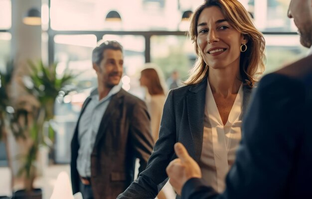 A woman wearing a business dress approaches two men in an office setting labour day picture