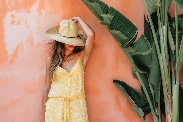 Photo a woman wearing a cheerful yellow summer outfit leans against a bright wall holding her straw hat under the midday sun generative ai