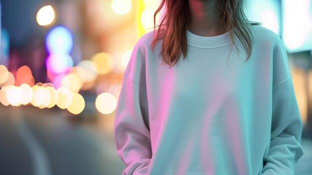 Photo woman wearing a clean white sweatshirt on a light blurred background outdoors sweatshirt mockup concept of urban fashion street style template for design