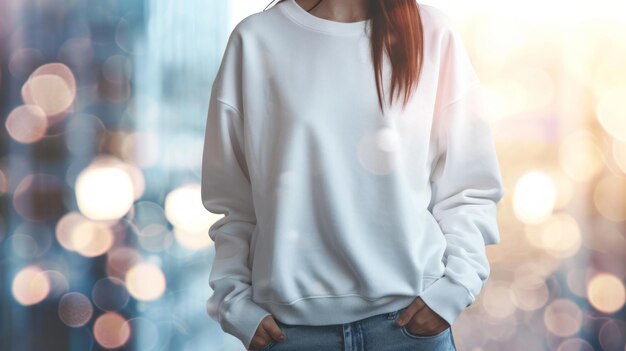 Photo woman wearing a clean white sweatshirt on light blurred background outdoors sweatshirt mockup concept of urban fashion street style template for design