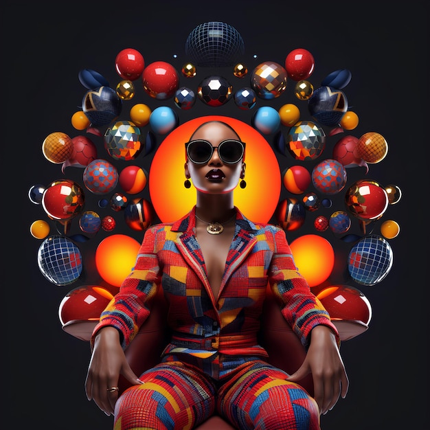 woman wearing colorful clothes sitting in a chair surrounded by balls with black background