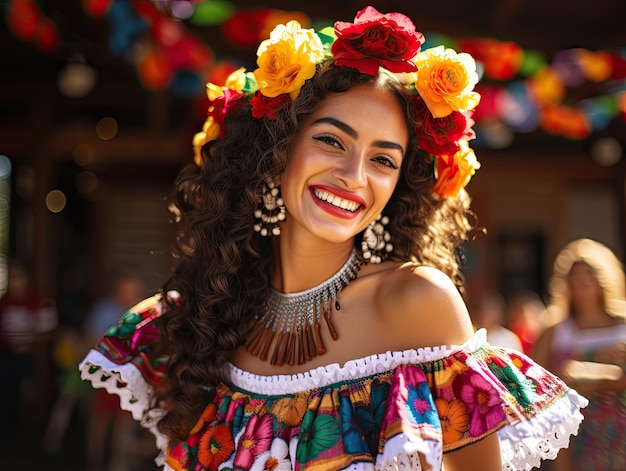 a woman wearing a colorful dress and flowers in her hair