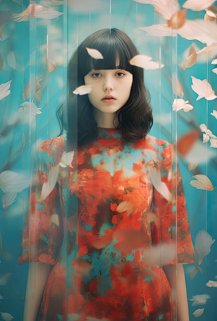 a woman wearing a colorful dress in a photo collage in the style of double exposure