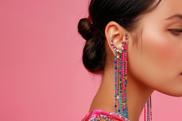 Photo woman wearing colorful earrings and a colorful dress