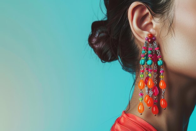 Photo woman wearing colorful earrings and a colorful dress