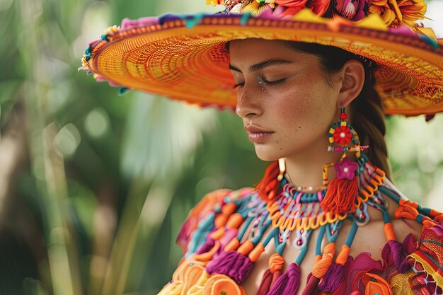 A woman wearing a colorful hat and necklace