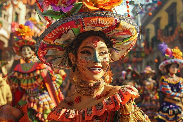 a woman wearing a colorful hat with a colorful hat on it