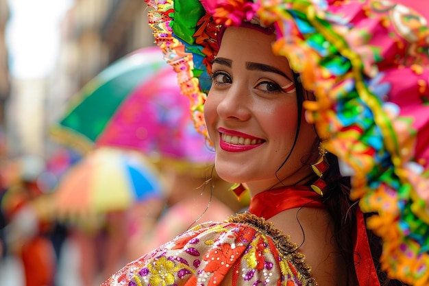 a woman wearing a colorful hat with the word  i love  on it