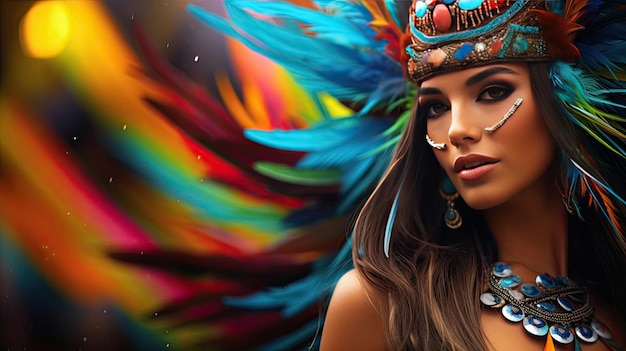 A woman wearing a colorful headdress and feathers