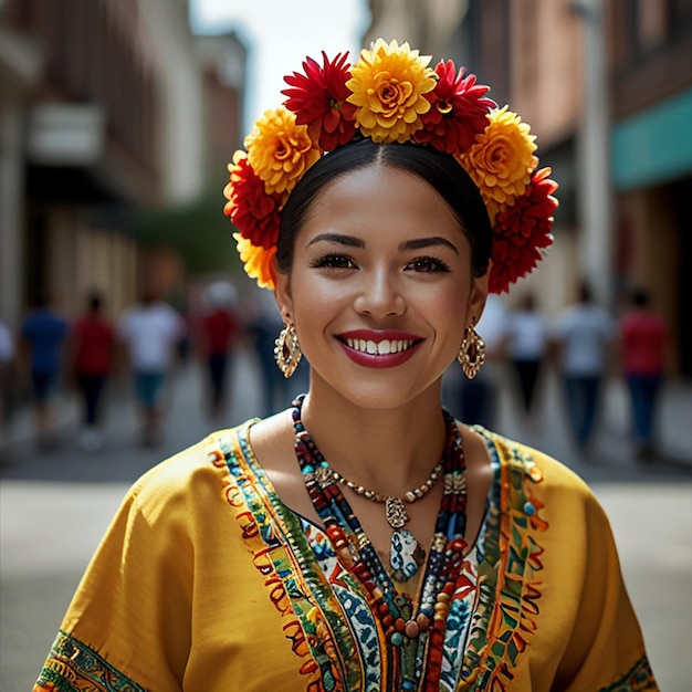 a woman wearing a colorful headdress stands in the street