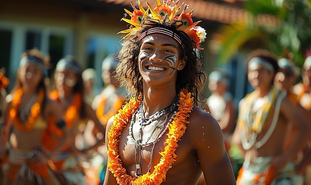 a woman wearing a colorful headdress with flowers on her head