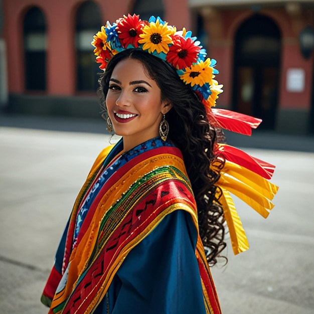 a woman wearing a colorful headdress with flowers on her head