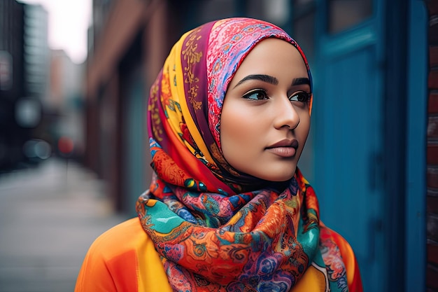 A woman wearing a colorful hijab on a city street Generative Ai