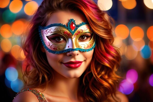 Photo woman wearing colorful masquerade mask in bright colors on a blurred festive background with bokeh