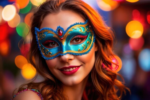 Woman wearing colorful masquerade mask in bright colors on a blurred festive background with bokeh