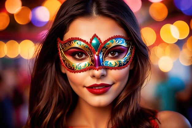 Photo woman wearing colorful masquerade mask in bright colors on a blurred festive background with bokeh