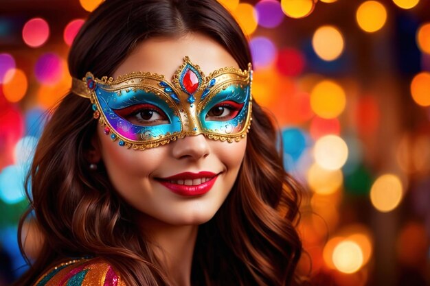 Woman wearing colorful masquerade mask in bright colors on a blurred festive background with bokeh