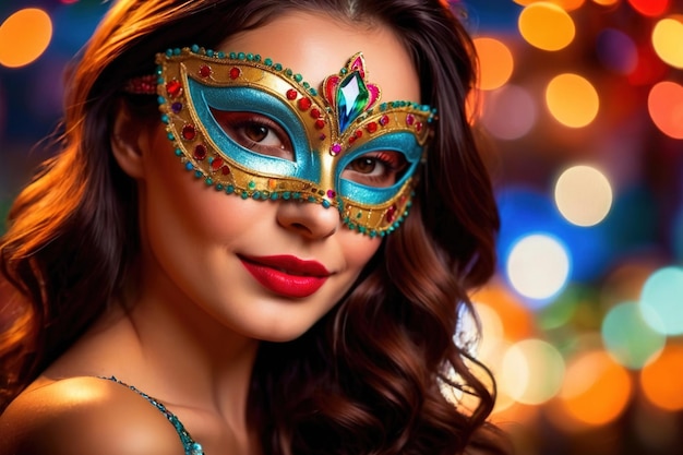 Woman wearing colorful masquerade mask in bright colors on a blurred festive background with bokeh