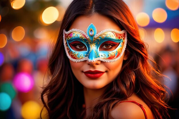 Woman wearing colorful masquerade mask in bright colors on a blurred festive background with bokeh