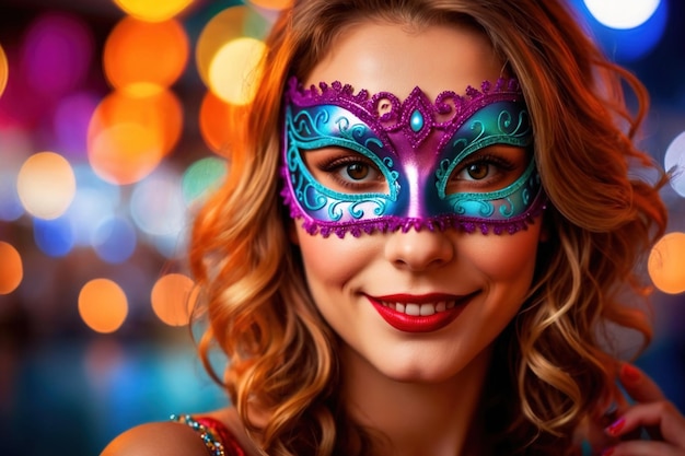 Woman wearing colorful masquerade mask in bright colors on a blurred festive background with bokeh