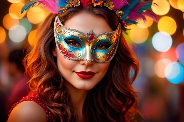 Woman wearing colorful masquerade mask in bright colors on a blurred festive background with bokeh