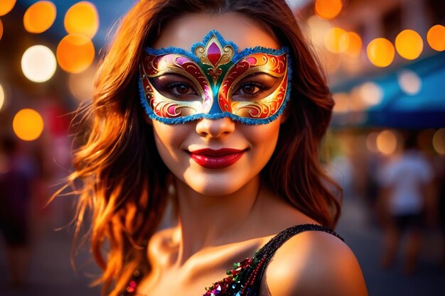 Woman wearing colorful masquerade mask in bright colors on a blurred festive background with bokeh