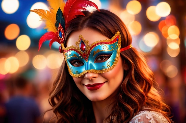 Woman wearing colorful masquerade mask in bright colors on a blurred festive background with bokeh