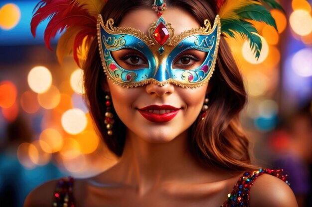 Photo woman wearing colorful masquerade mask in bright colors on a blurred festive background with bokeh