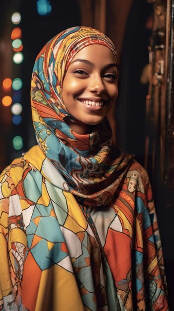 A woman wearing a colorful scarf and smiling generative ai image