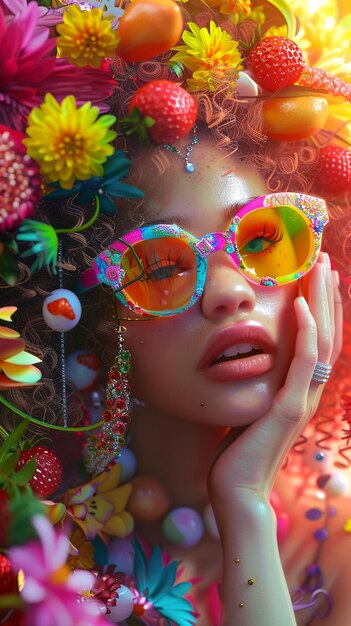 Photo a woman wearing colorful sunglasses is posing with a picture of a woman with flowers in her hair