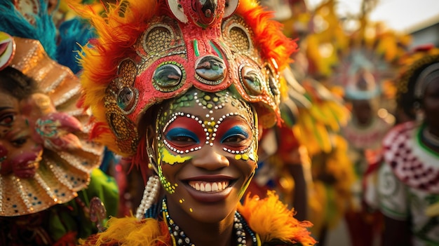 a woman wearing a colourful mask stands in front of a crowd of people wearing colorful costumes.