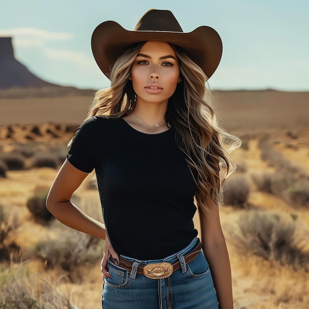 a woman wearing a cowboy hat stands in a desert