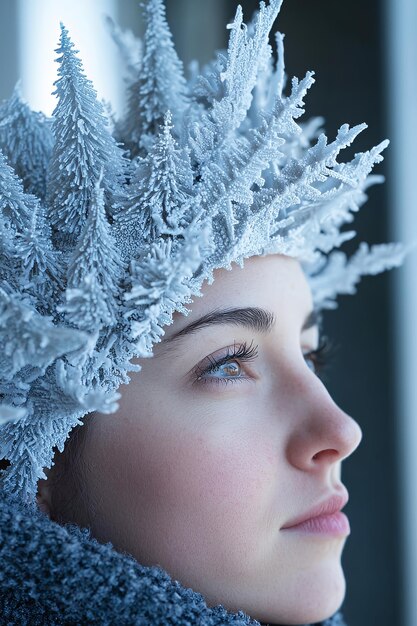 Photo woman wearing a crown of frozen leaves